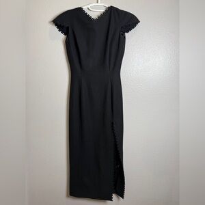 Antonio Berardi Women's Size 42 Black Midi Sheath Dress Wool V-Neck Cap Sleeve
